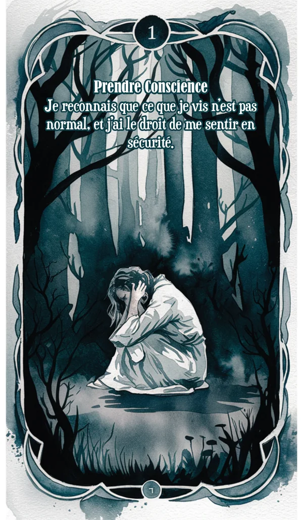 Carte 1, Prendre conscience : une silhouette recroquevillée au cœur d'une forêt sombre.
