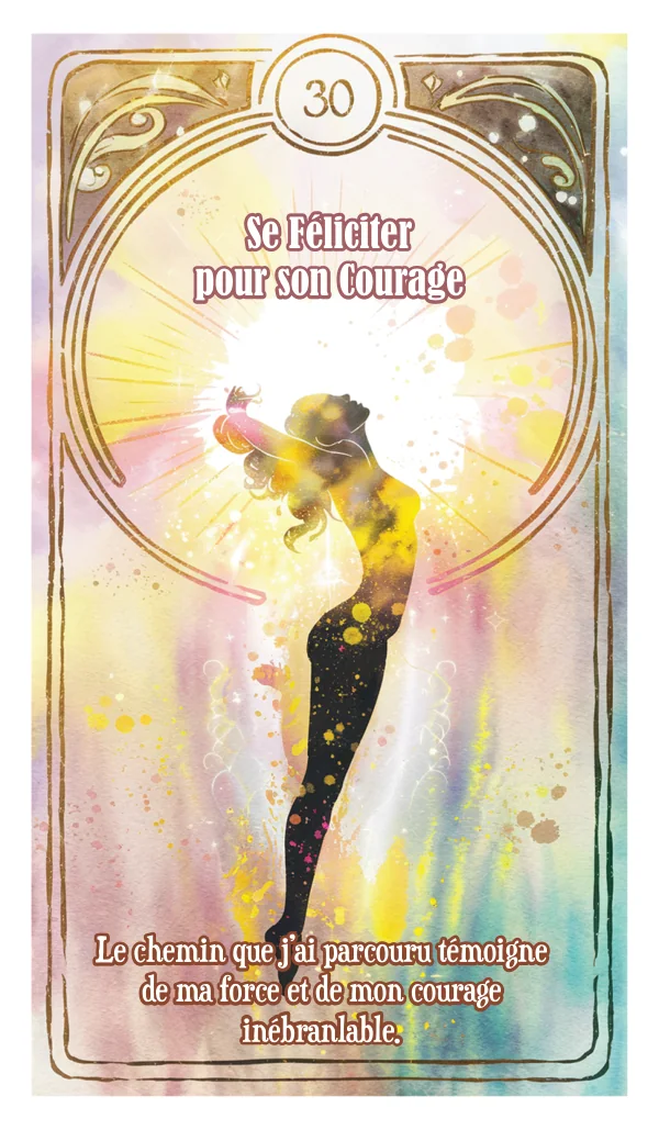 Carte 30, Se féliciter pour son courage : une silhouette s'élève dans une lumière blanche et dorée.