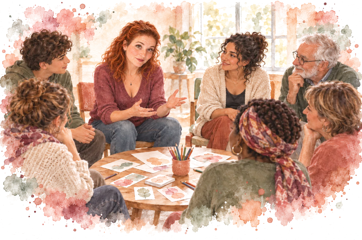 Illustration : Naomie Guégan anime un atelier en cercle, des cartes illustrées sur la table.