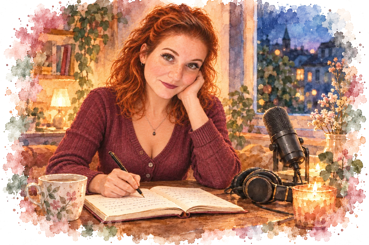 Illustration : le soir, Naomie Guégan écrit une méditation, un micro et un casque à côté d'elle.