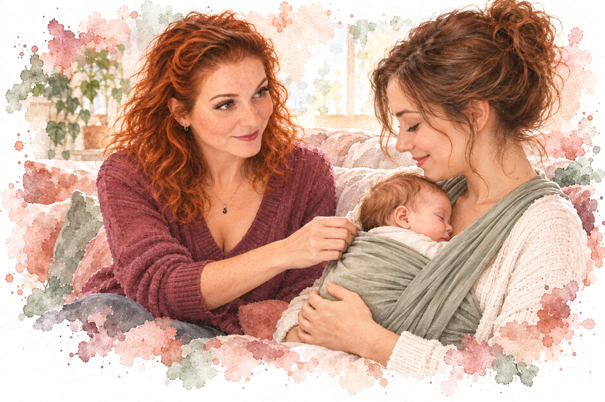 Illustration : Naomie Guégan aide une jeune maman à ajuster l'écharpe de portage de son bébé.