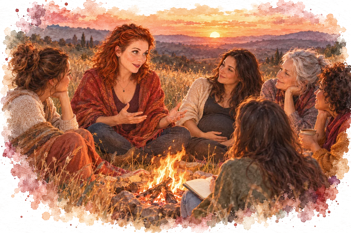 Illustration : Naomie Guégan dans un cercle de femmes autour d'un feu, au coucher du soleil.