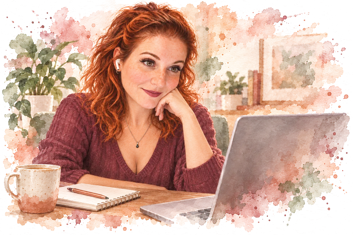 Illustration : Naomie Guégan en séance en visio, devant son ordinateur.